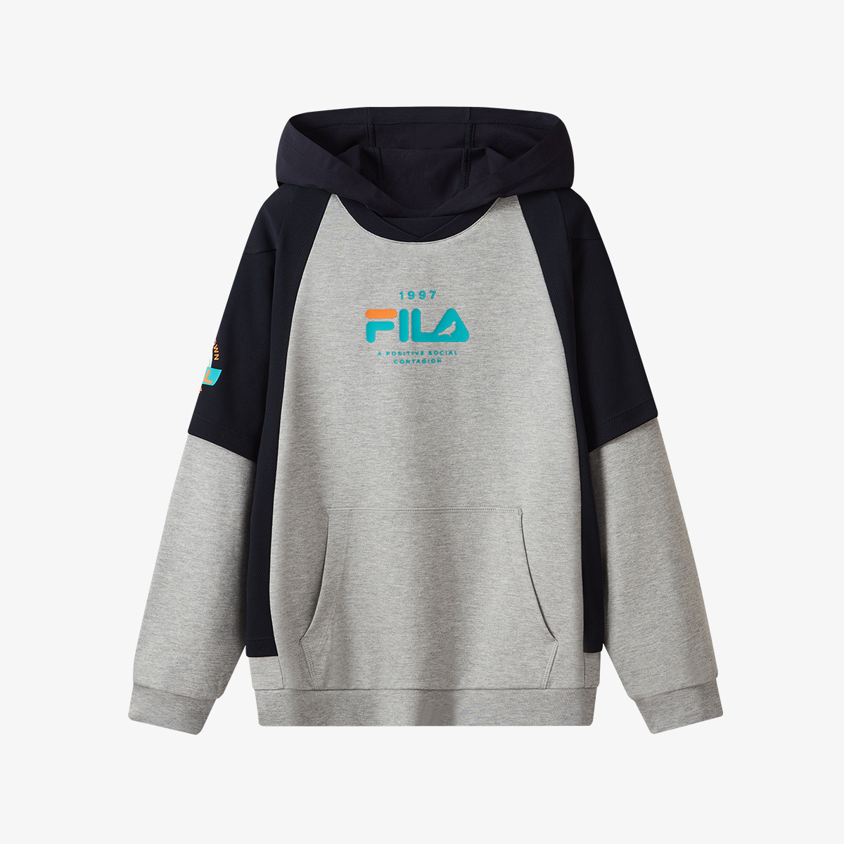 【潮酷假两件】FILA斐乐儿童连帽时尚户外风男大童时尚百搭潮酷卫衣