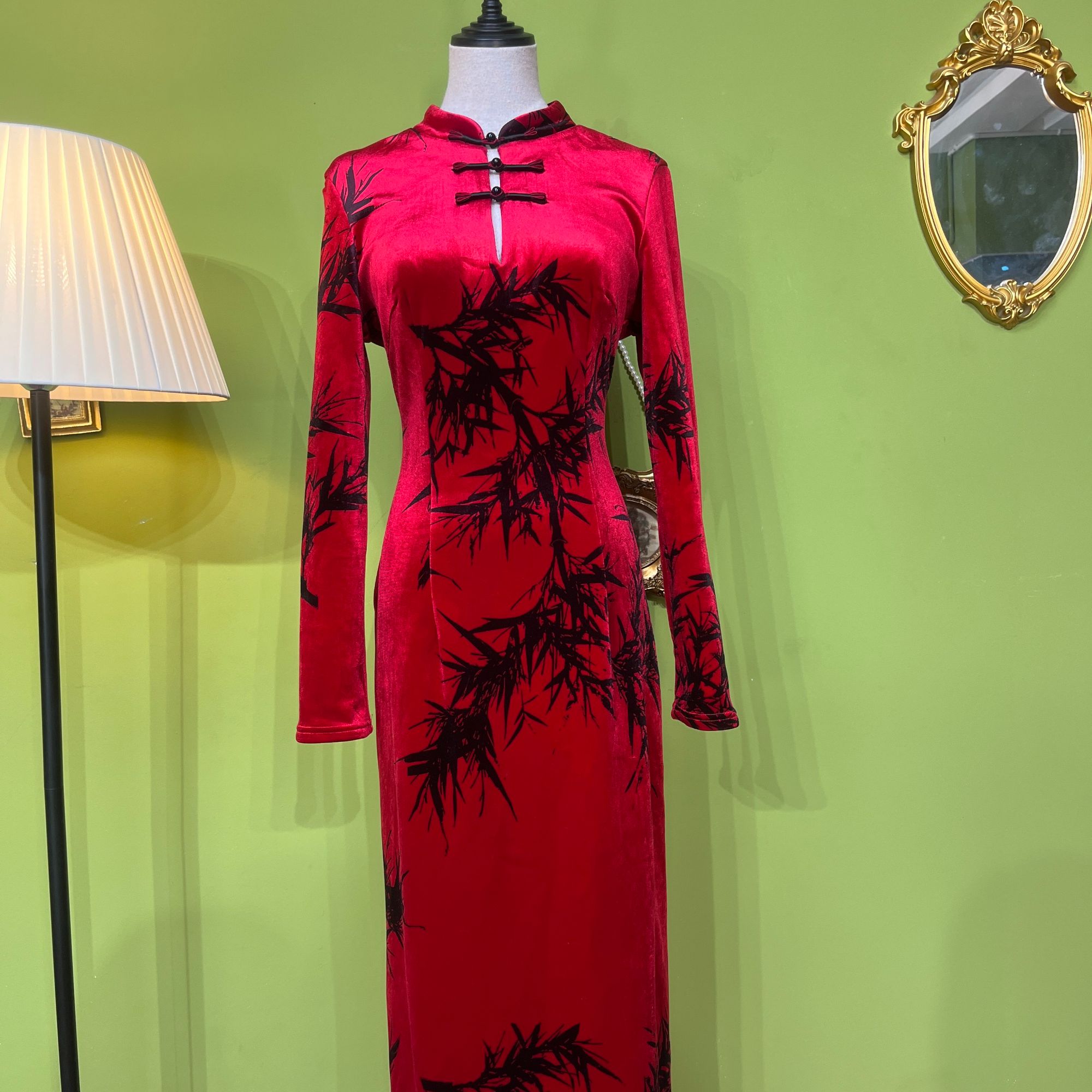 【红朱砂】肆意小众印花国风长袖长款气质加厚秋冬金丝绒旗袍