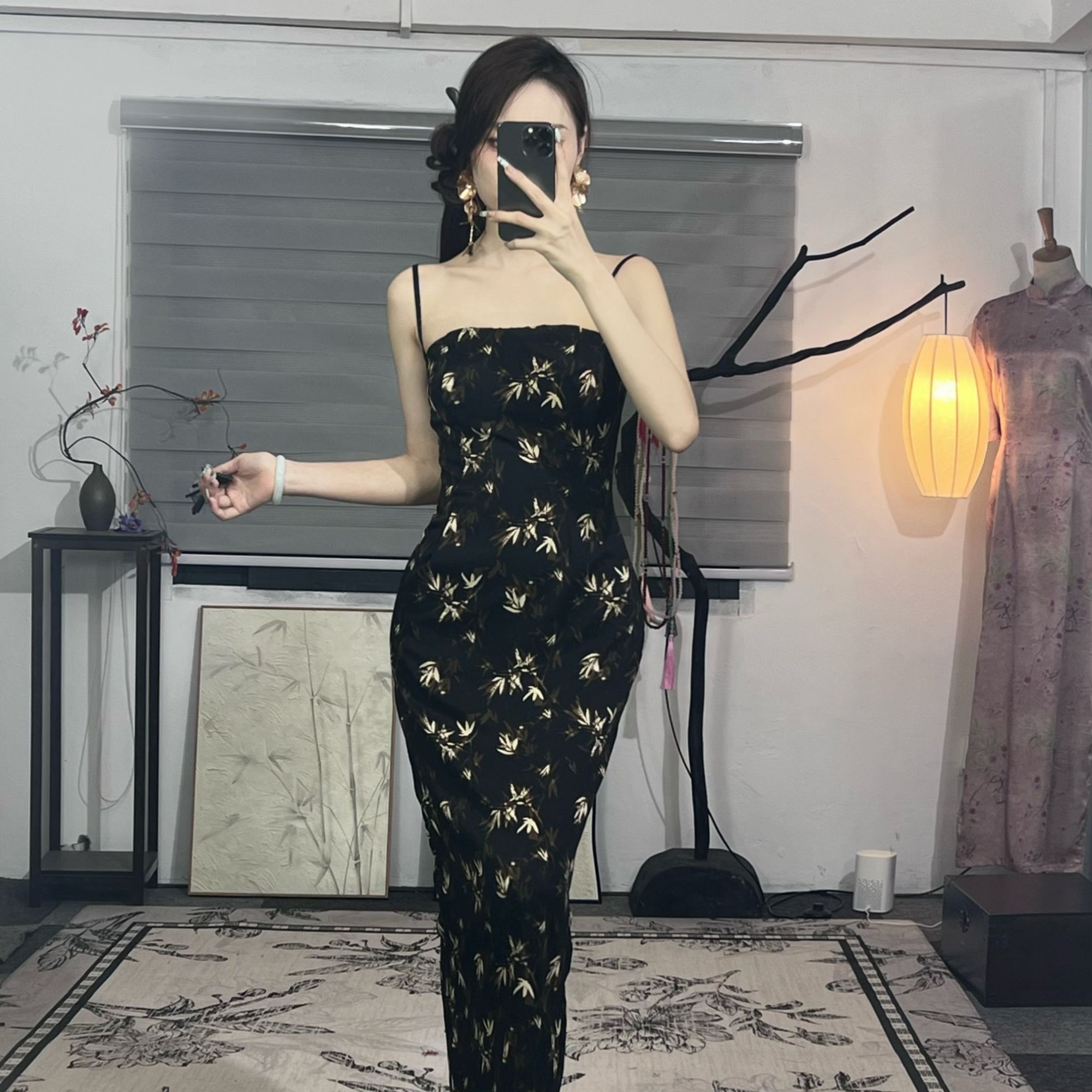 【墨竹】肆意新款墨竹纯欲包臀无袖裹胸裙国风吊带裙开叉连衣裙