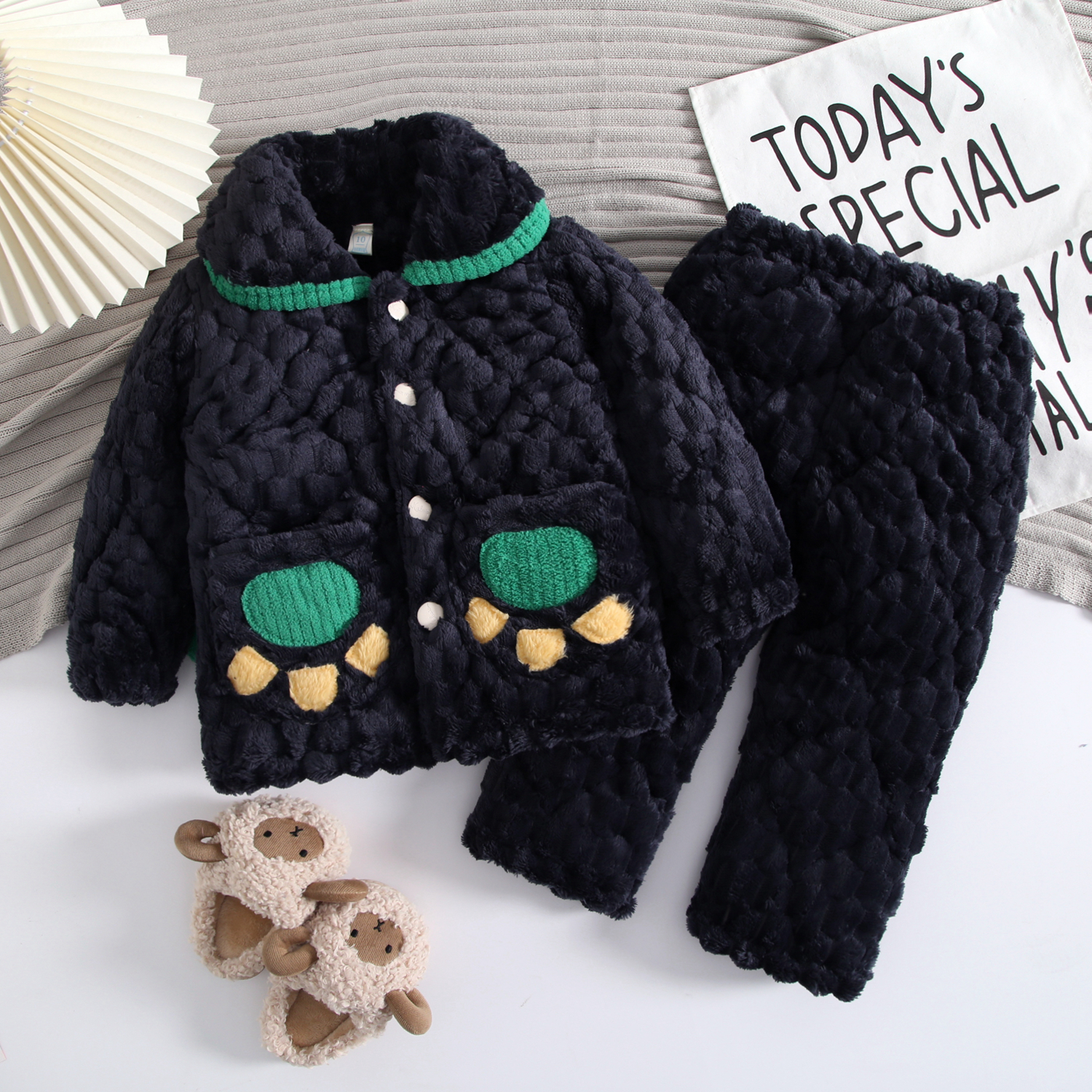 圆领恐龙中长款儿童保暖冬加厚男孩宝宝冬睡衣三层夹棉套装加绒