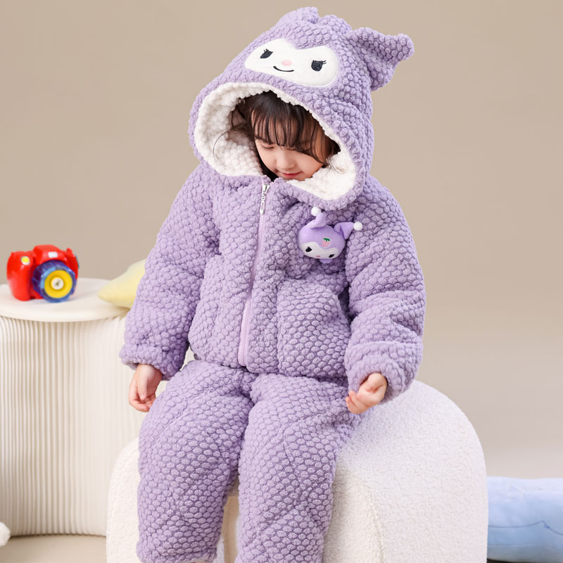 儿童睡衣新款冬季女童拉链三层夹棉加绒加厚公主女孩家居服可外穿