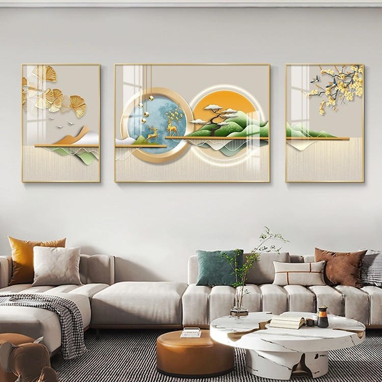 新款沙发背景三联画《福禄生辉》【多款画面选择】镶钻晶瓷装饰画设计