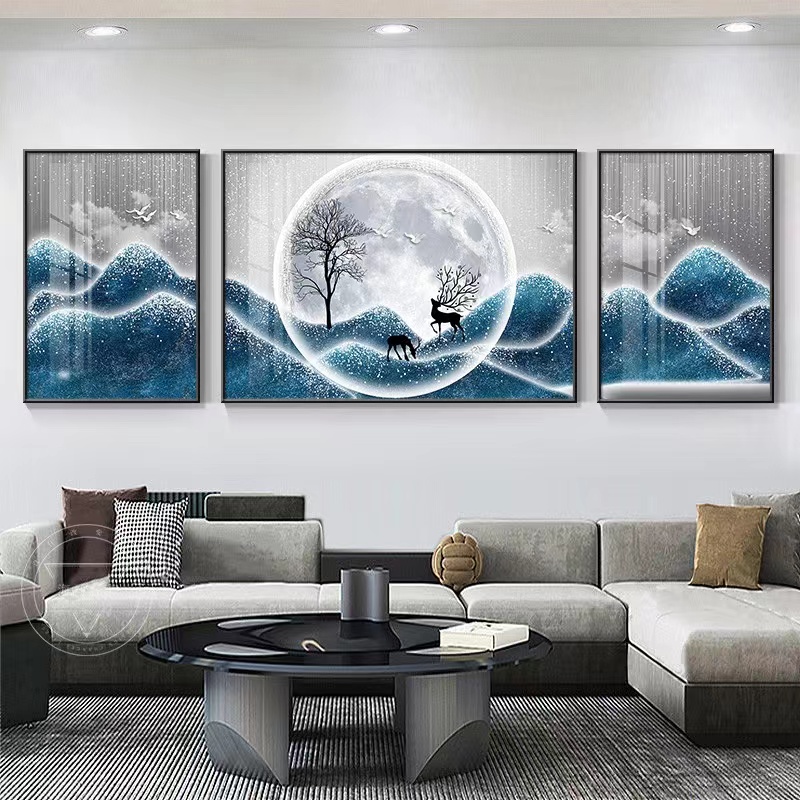 新款-沙发背景三联画轻奢麋鹿现代简约客厅镶钻晶瓷装饰画艺术