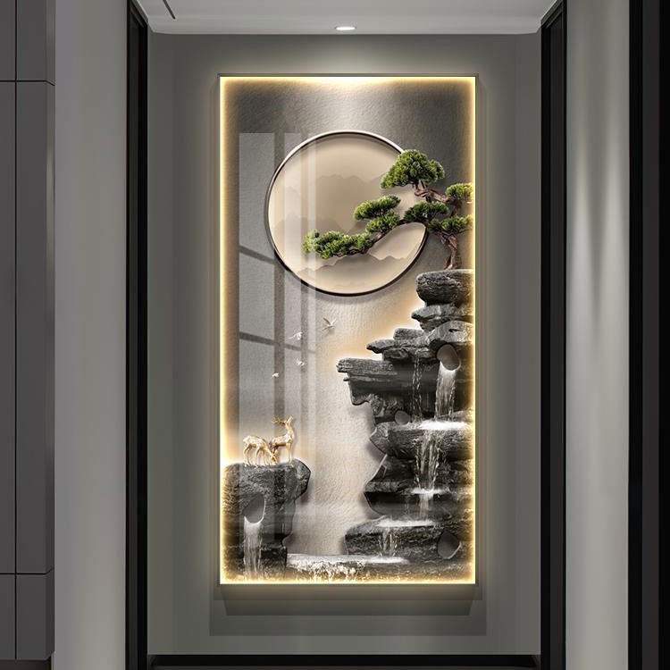 新款-玄关画山水迎客松现代简约新中式轻奢镶钻晶瓷装饰画手工