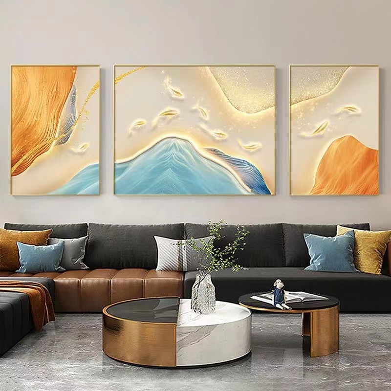新款沙发背景三联画九鱼图手工简约现代晶瓷镶钻框装饰画轻奢艺术