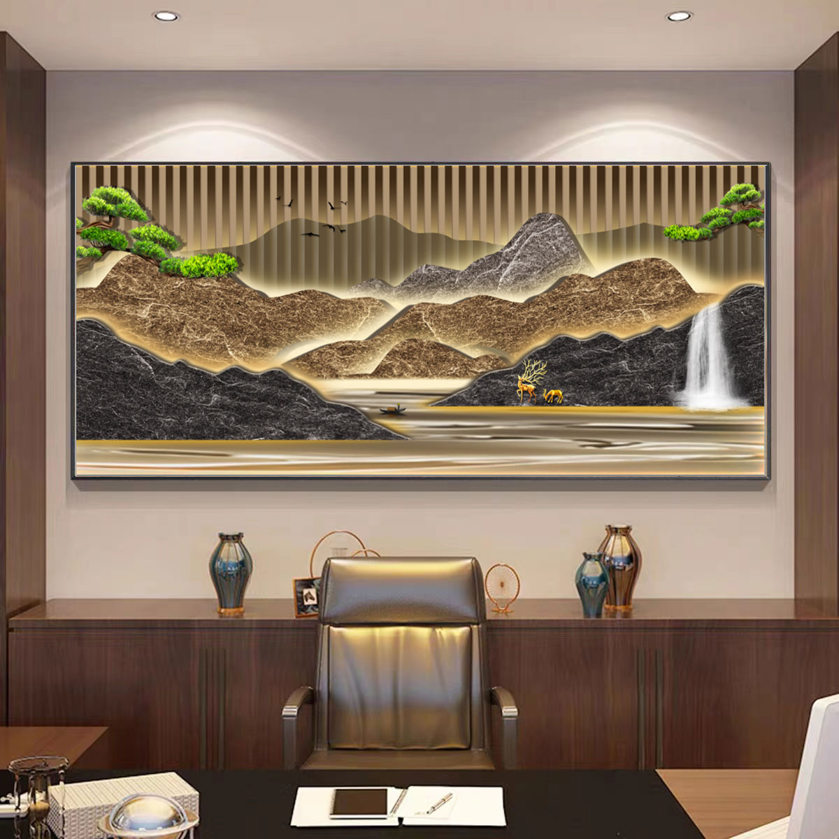 横款办公室客厅山水画-多款晶瓷镶钻铝合金装饰画新中式手工艺术