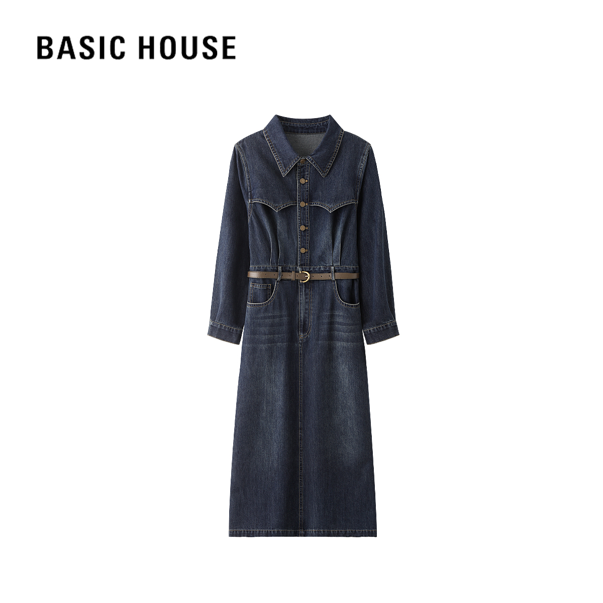 Basic House/百家好秋季翻领显瘦气质百搭复古长袖牛仔连衣裙B