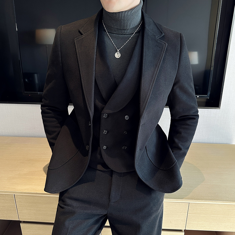 新郎西服套装男士三件套秋冬英伦商务休闲毛呢西装男修身结婚礼服