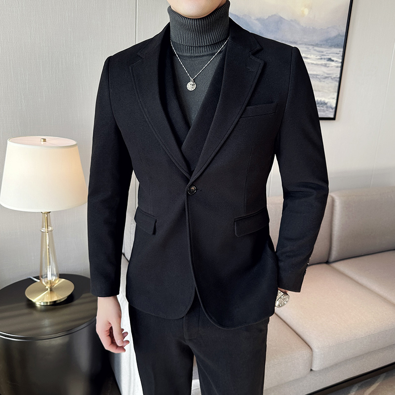 毛呢西服套装三件套男士商务休闲修身正装秋冬厚款新郎结婚礼服