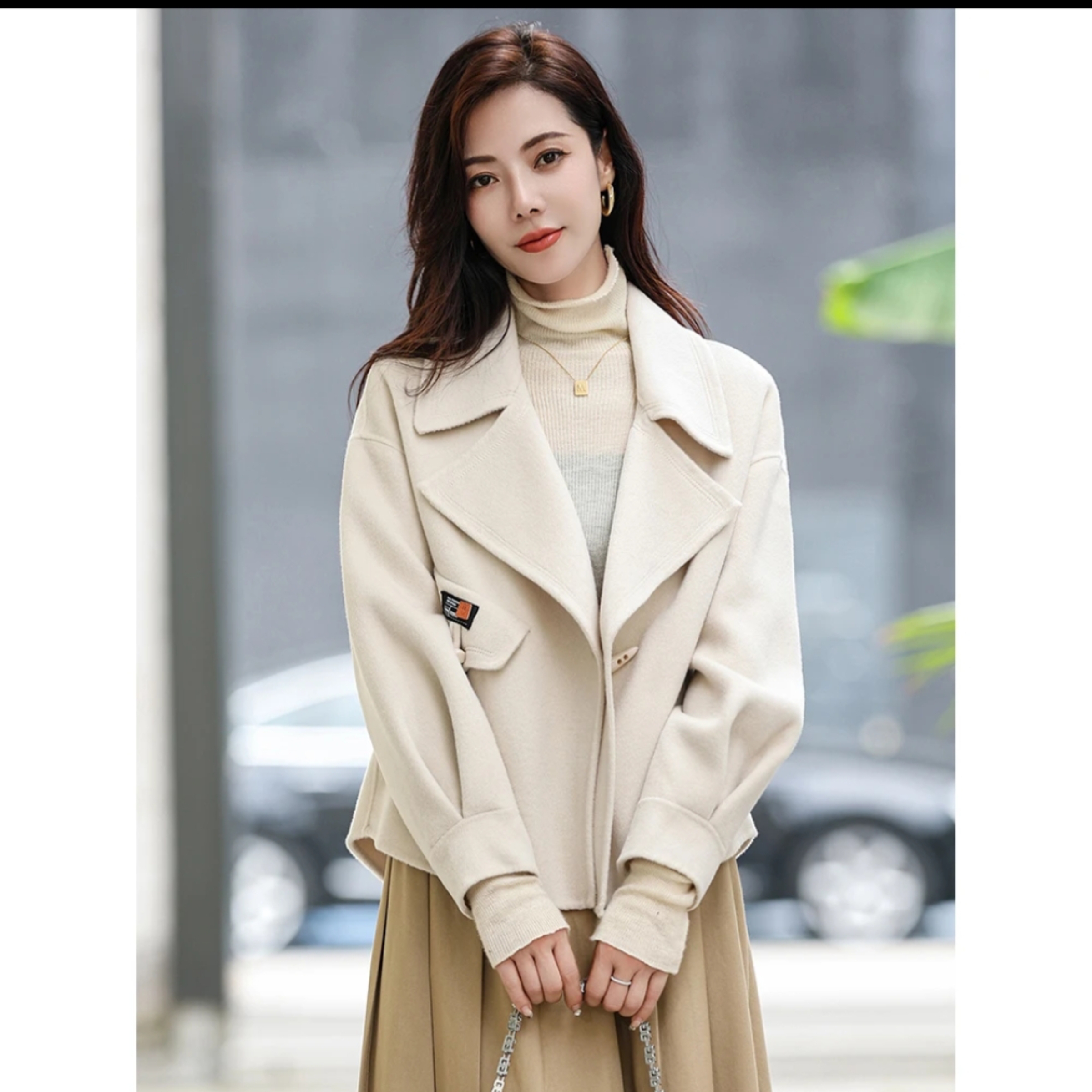 若曦 秋冬新款双面呢大衣机车风韩版显瘦小个子牛角扣短款大衣