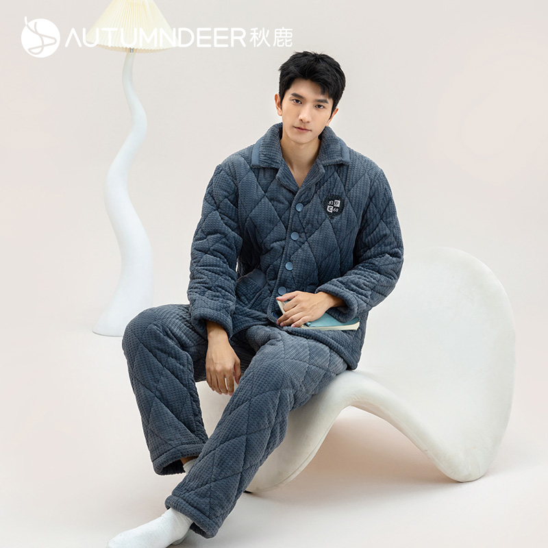 秋鹿大码家居服绒夹棉长袖长裤男套保暖冬天