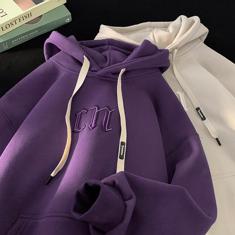 @MXD 600g重磅加绒加厚CN字母刺绣连帽卫衣秋冬宽松百搭慵懒上衣