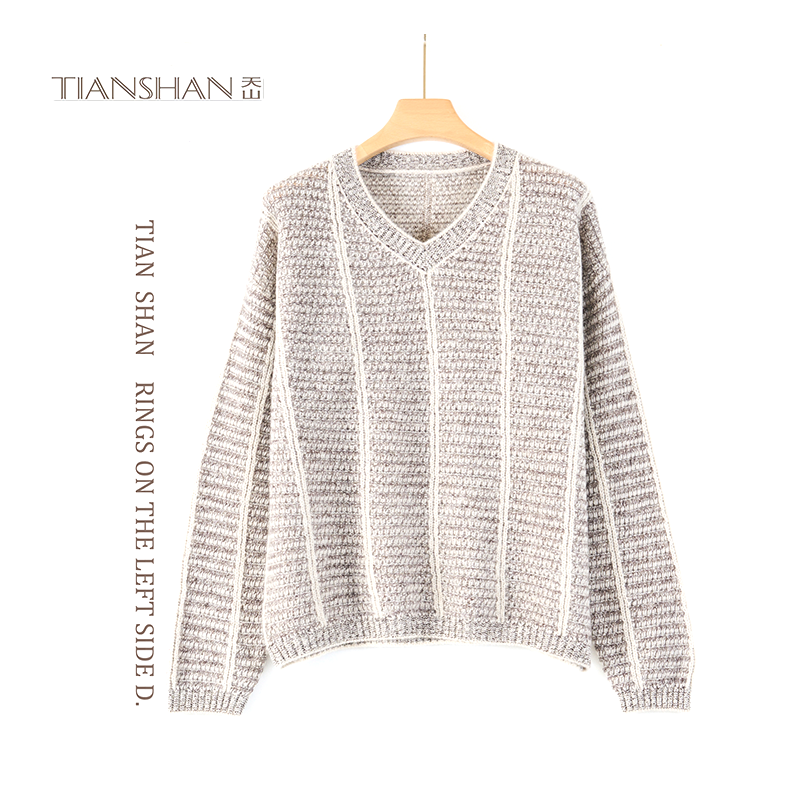 天山甄选【100山羊绒】女士针织百搭宽松镂空V领羊绒衫-YTNL5350T