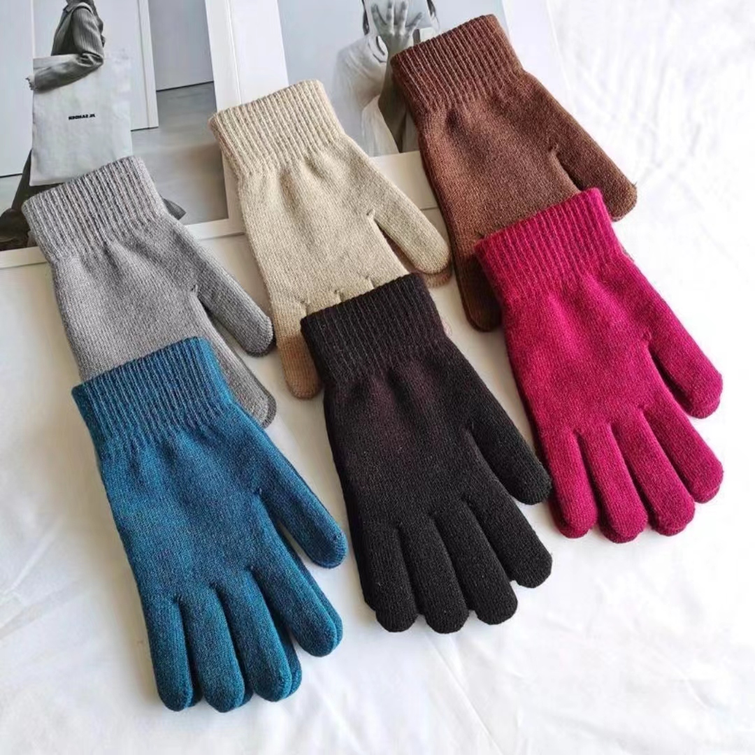 纯色针织手套男女士秋冬季保暖加绒加厚弹力毛线五指学生手套骑行