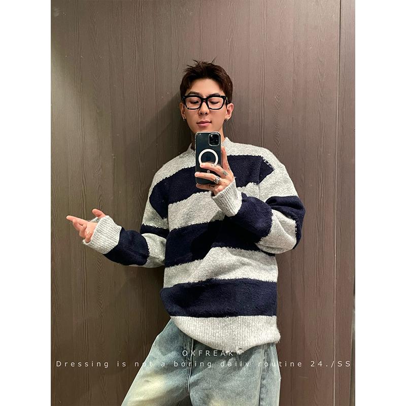 OXFREAK 24FW「宽距条纹 虚线工艺」撞色秋冬针织毛衣男保暖加厚