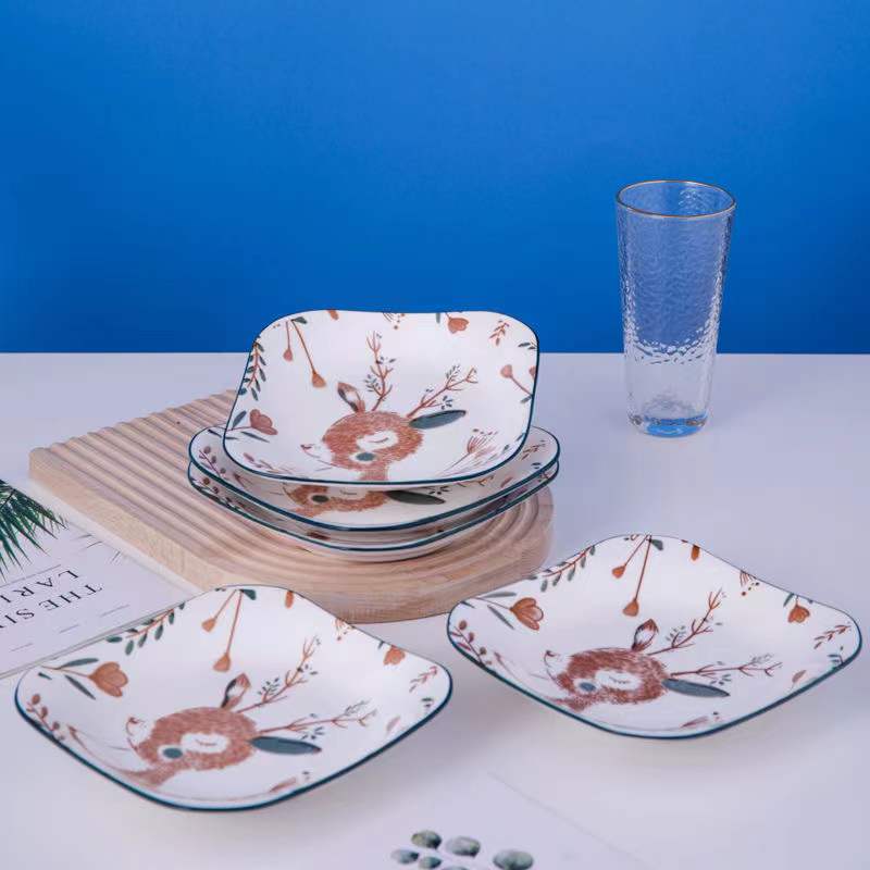 【包赔不补发006】8英寸方盘2只装一鹿有你方盘方形釉下彩盘碟T007