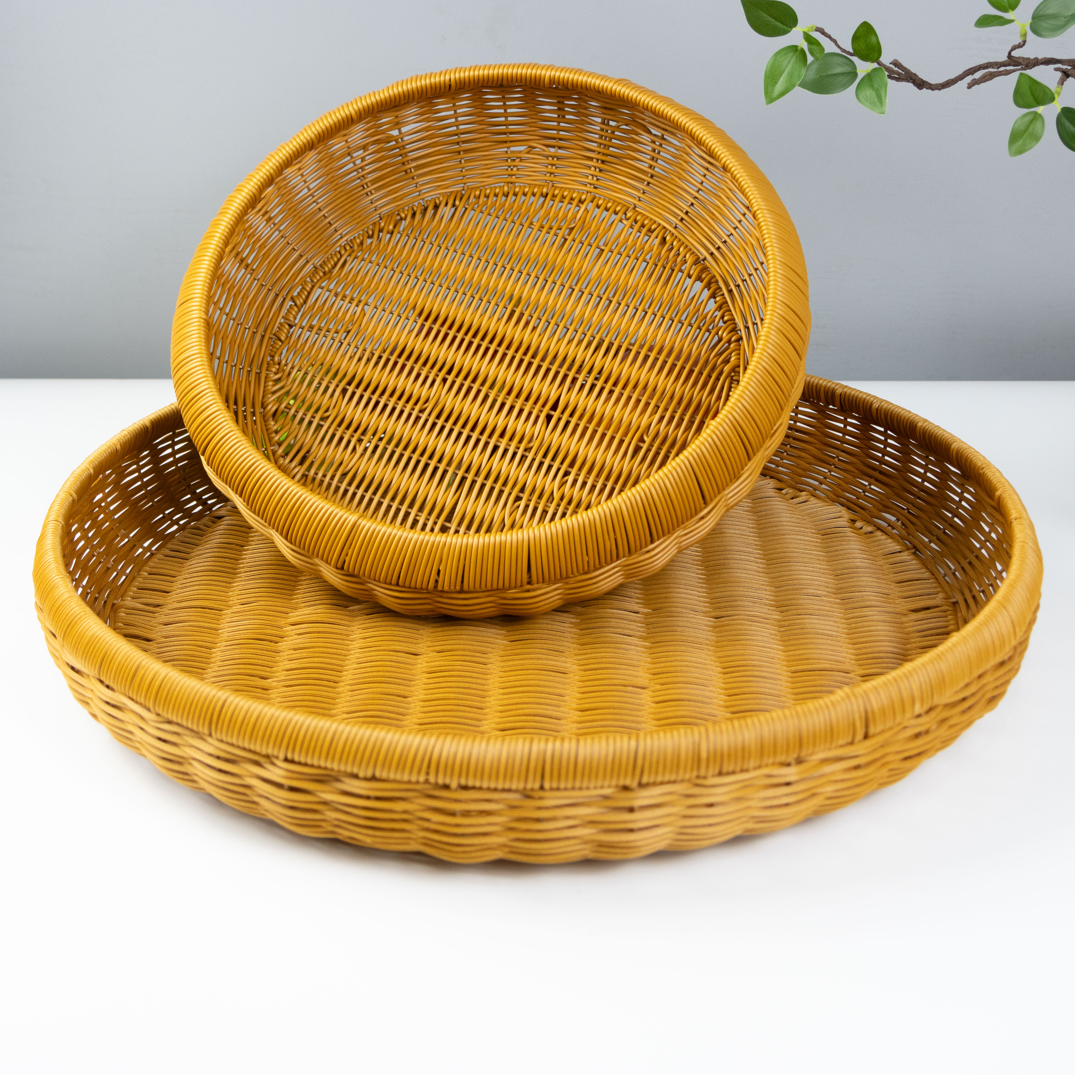50cm晒筐+35cm大边果篮家用篮子手工客厅创意圆形藤编储物水果篮