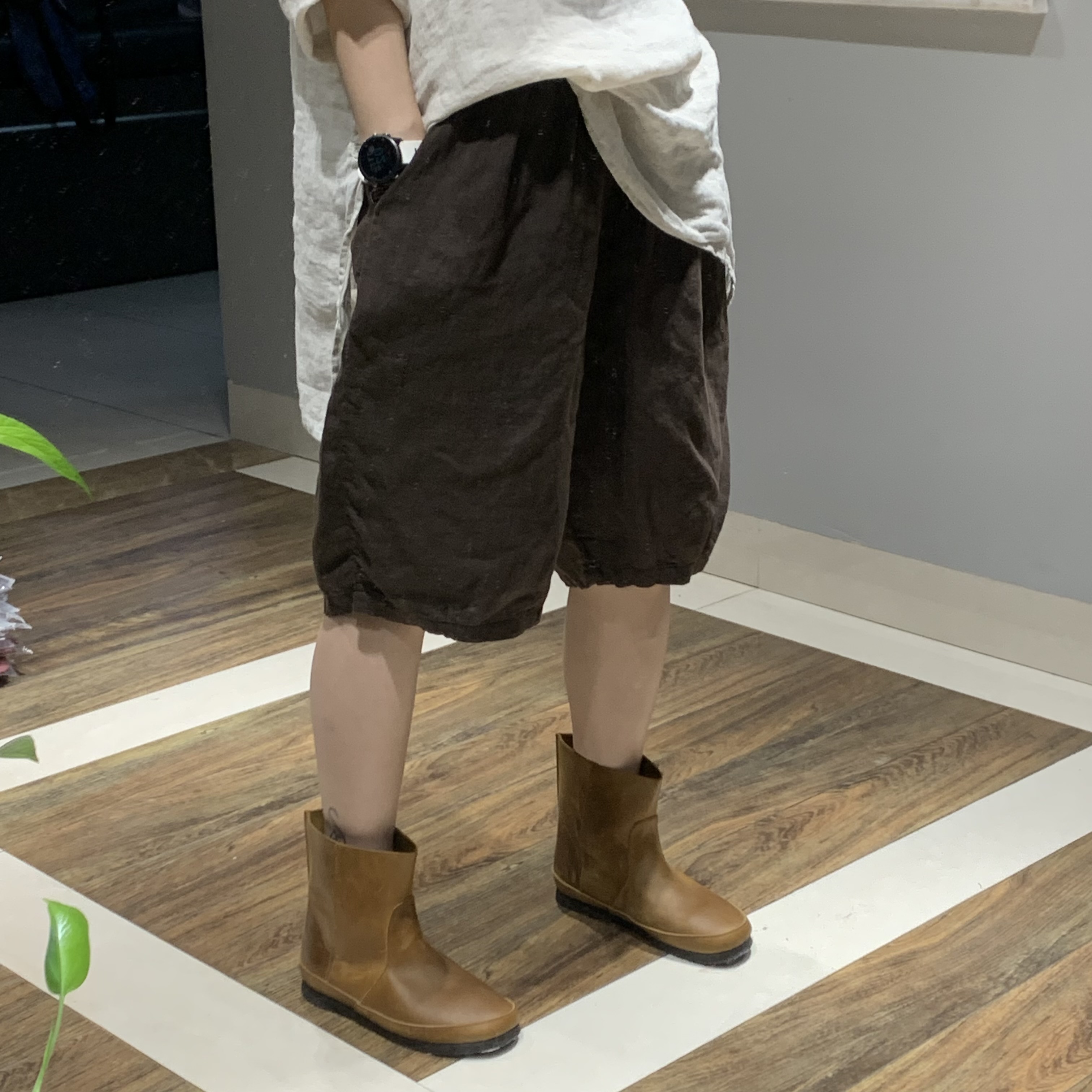 原创夏季简约休闲宽松显瘦大码复古五分裤设计师纯色高品亚麻中裤