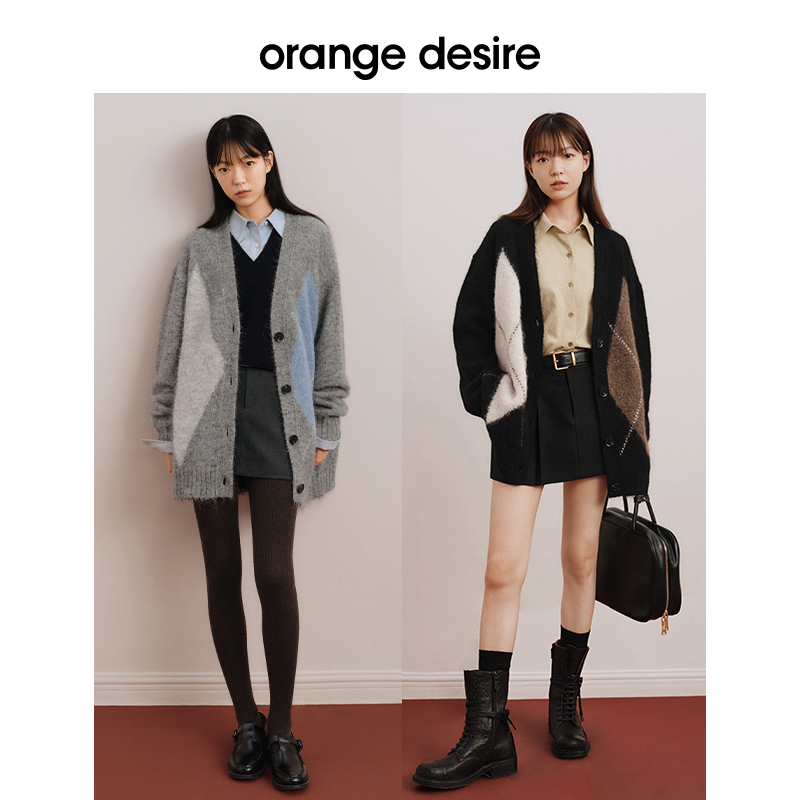 orange desire廓形撞色菱格针织开衫复古V领OD2DWKGA027外套毛衣