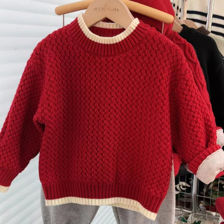2023冬季新品新年儿童加绒加厚毛衣男童洋气打底红色小童