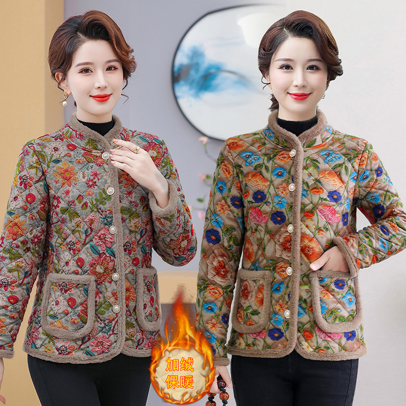 中年妈妈秋冬装加绒棉衣外套宽松棉服中老年女加厚保暖碎花小棉袄