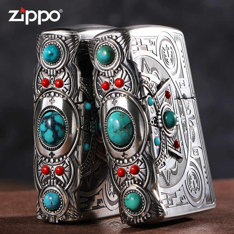ZIPPO打火机正版贴章印第安神灵绿松石高端男士收藏复古老式高档