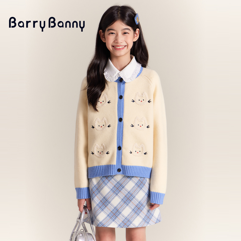 Barry Banny儿童猫咪刺绣针织开衫冬季新款保暖宽松洋气毛衣外套