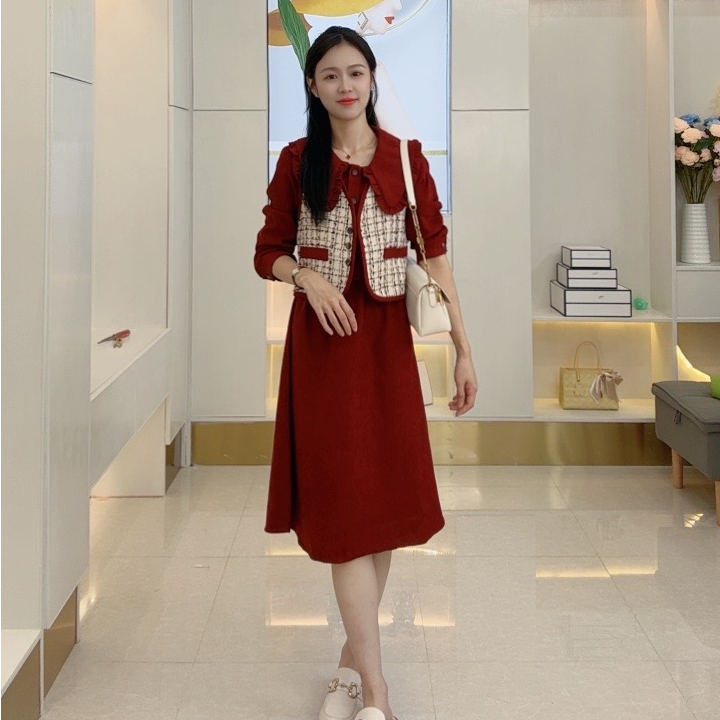 【芊朵 】  复古娃娃领中长款气质法式小香风显瘦收腰时尚气质套裙