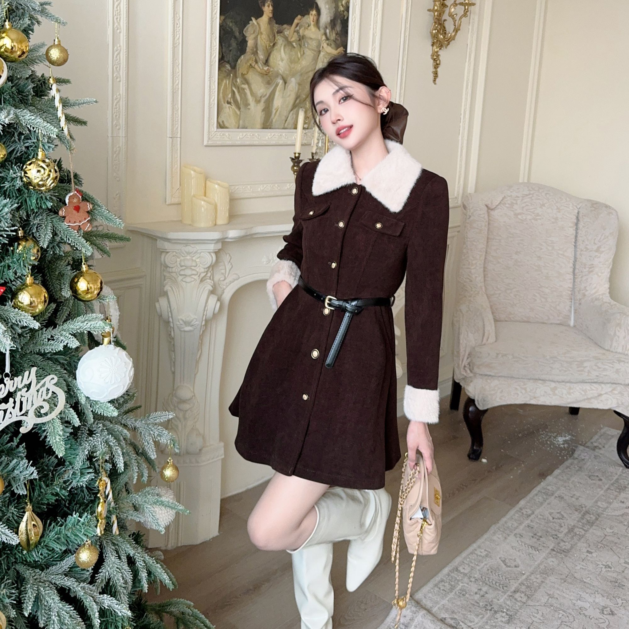 【芊朵 】 冬季毛领撞色夹棉时尚显瘦收腰百搭款气质慵懒风外套女装