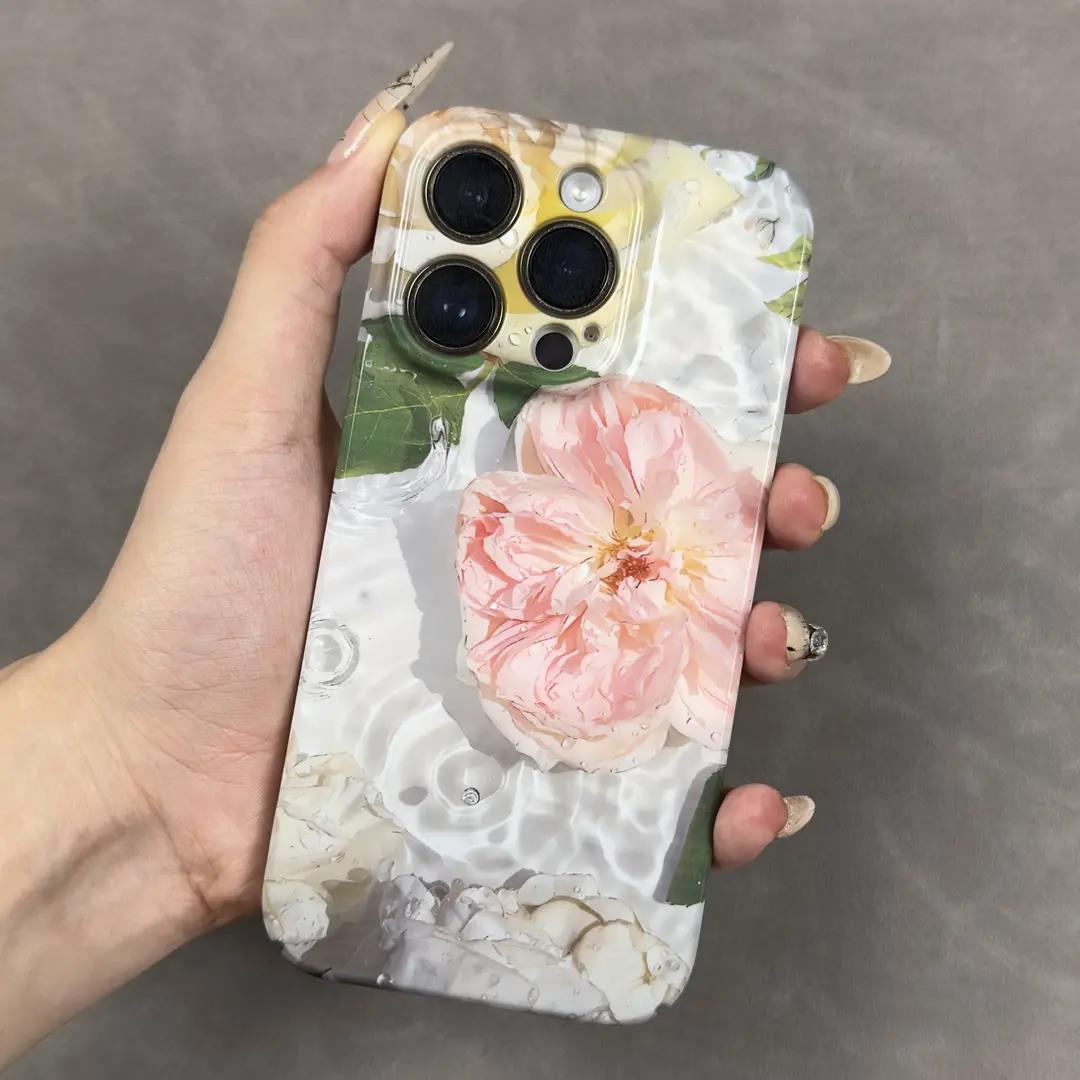 适用于苹果15华为OPPO小米VIVO新款创意粉红花花女菲林硬壳手机壳