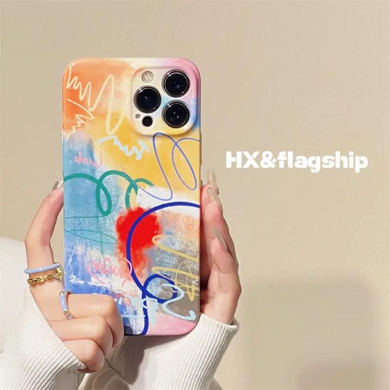 韩风ins彩色艺术涂鸦线条适用iphone15promax苹果13手机壳11网红1