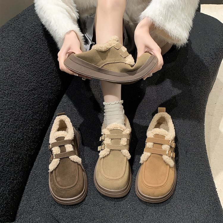 回力瑞乐福鞋女秋冬厚底毛毛鞋法式复古一脚蹬棉鞋加绒勃肯鞋