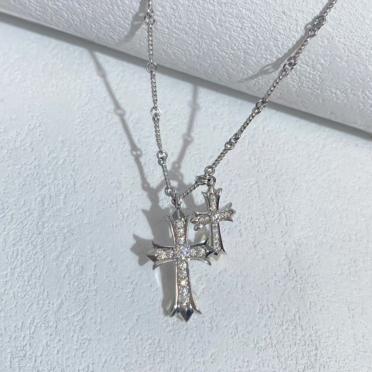 铂金PT950镶嵌莫桑双十字架套链项链时尚百搭轻奢简约镶钻个性