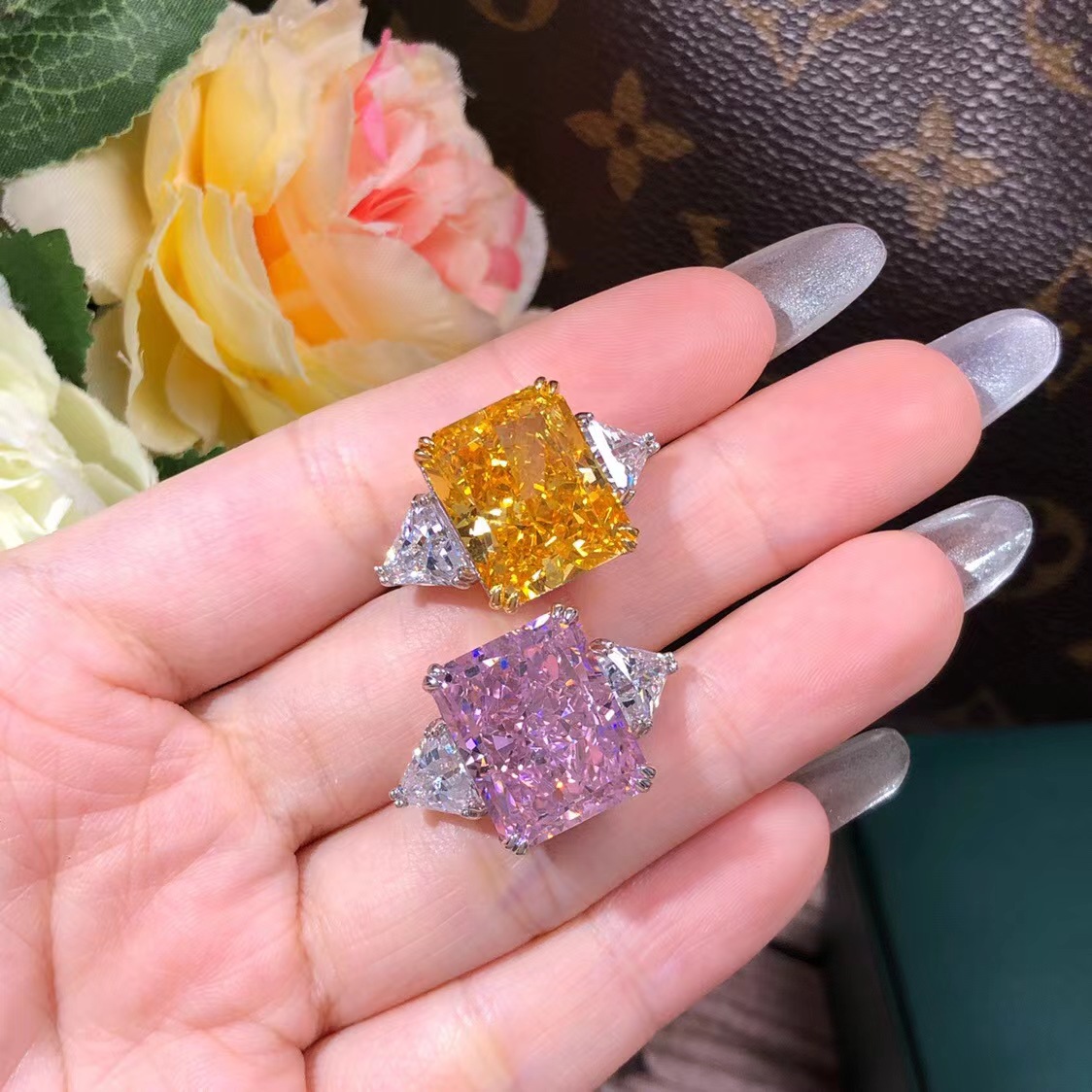 铜合金戒指 欧美时尚奢华公主粉方戒冰花切高碳钻女款可调节戒指