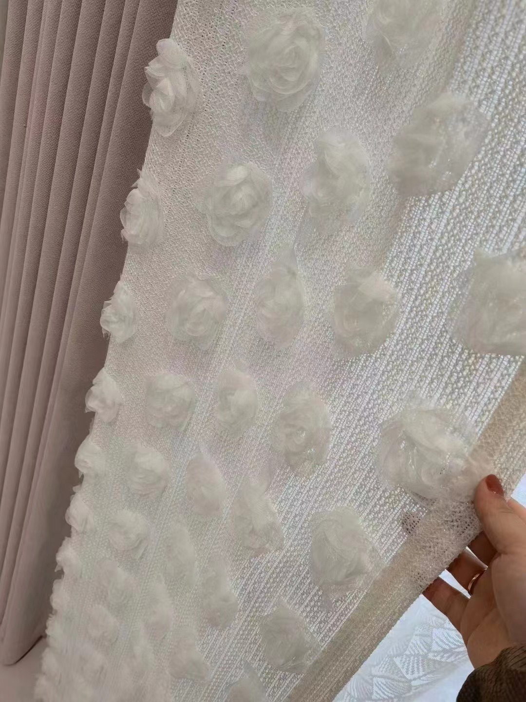 立体浮雕单朵米黄玫瑰花侧边纱窗帘装饰花边可对开