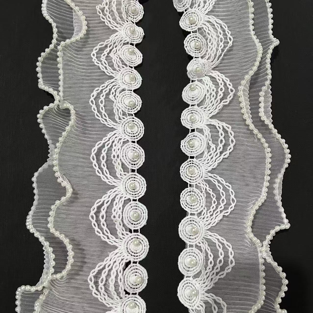 金源纺织新款窗帘花边辅料立边帘头平幔花边圆圈线条双层纱珍珠