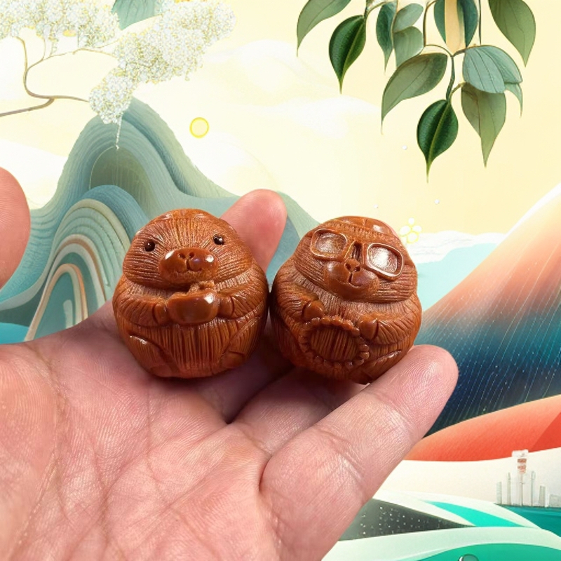 橄榄核雕刻卡皮巴拉手球入冬版手工艺品