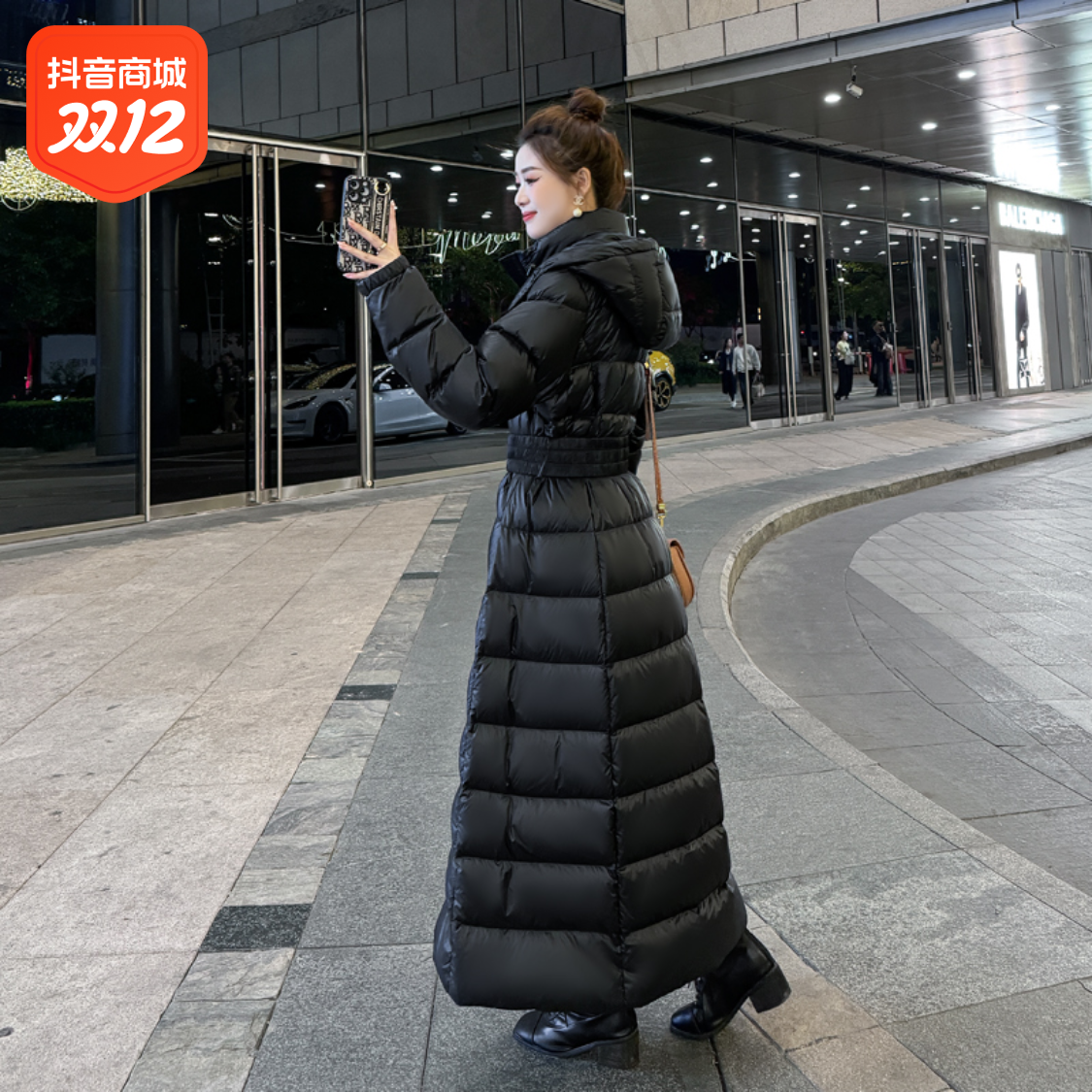 黑色显瘦羽绒服女2023冬装修身冬季过膝长款保暖加厚羽绒衣外套A