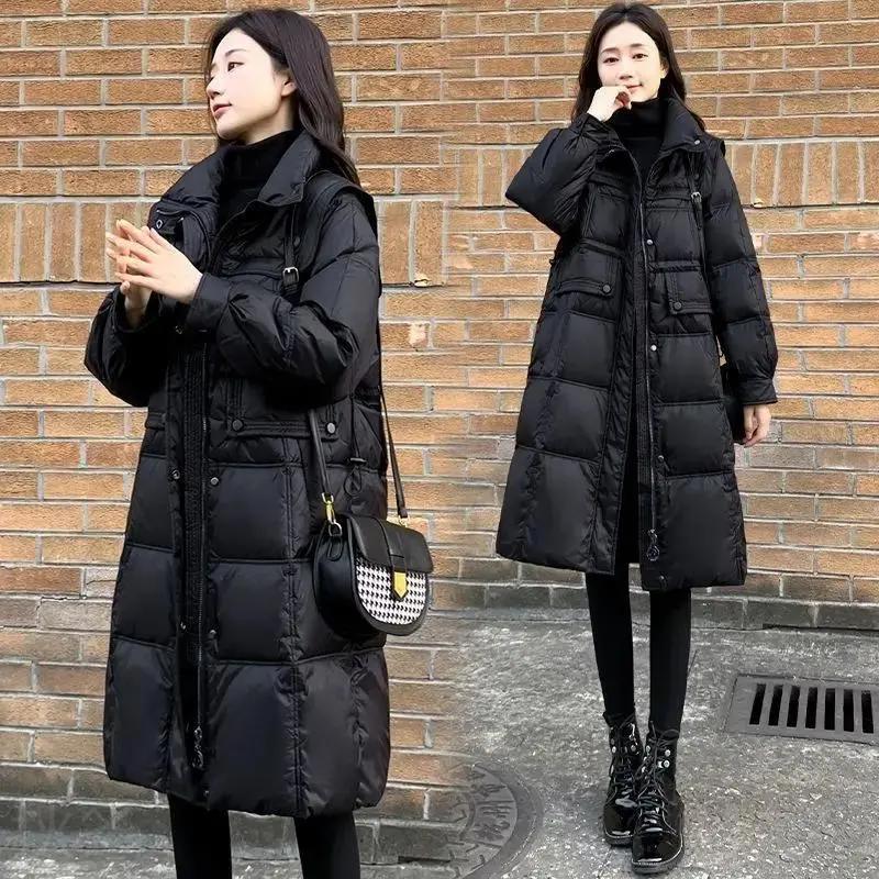 秋冬23新款羽绒羽绒棉服女中长款修身收腰海军立领黑色羽绒棉服A