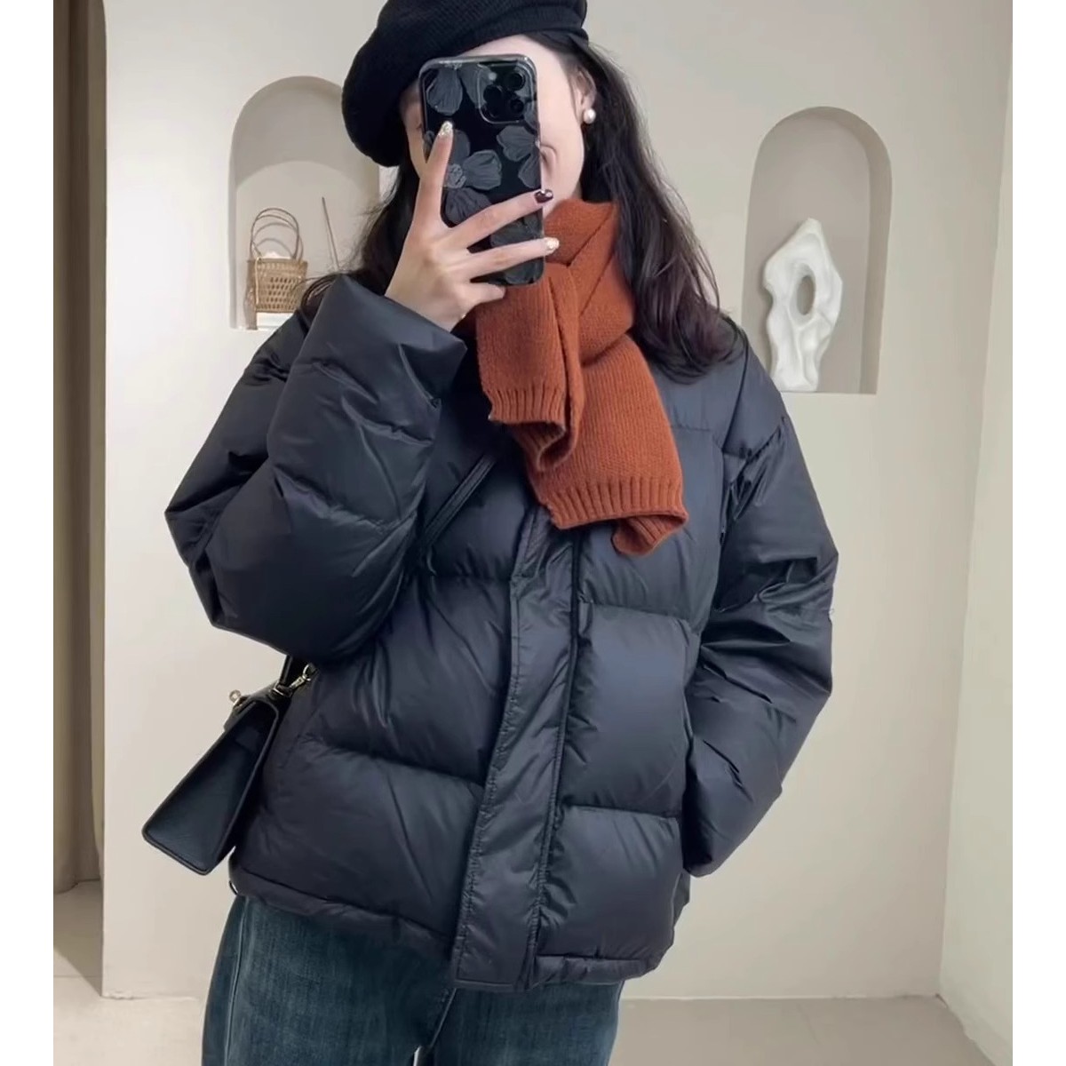 黑色羽绒棉服女款2023冬季新款韩版宽松时尚加厚保暖面包服外套A