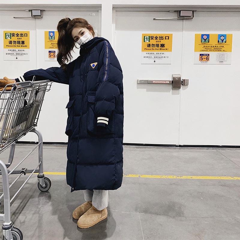 藏青长版90绒羽绒服女冬季2023新款韩版宽松加厚学院风过膝面包服