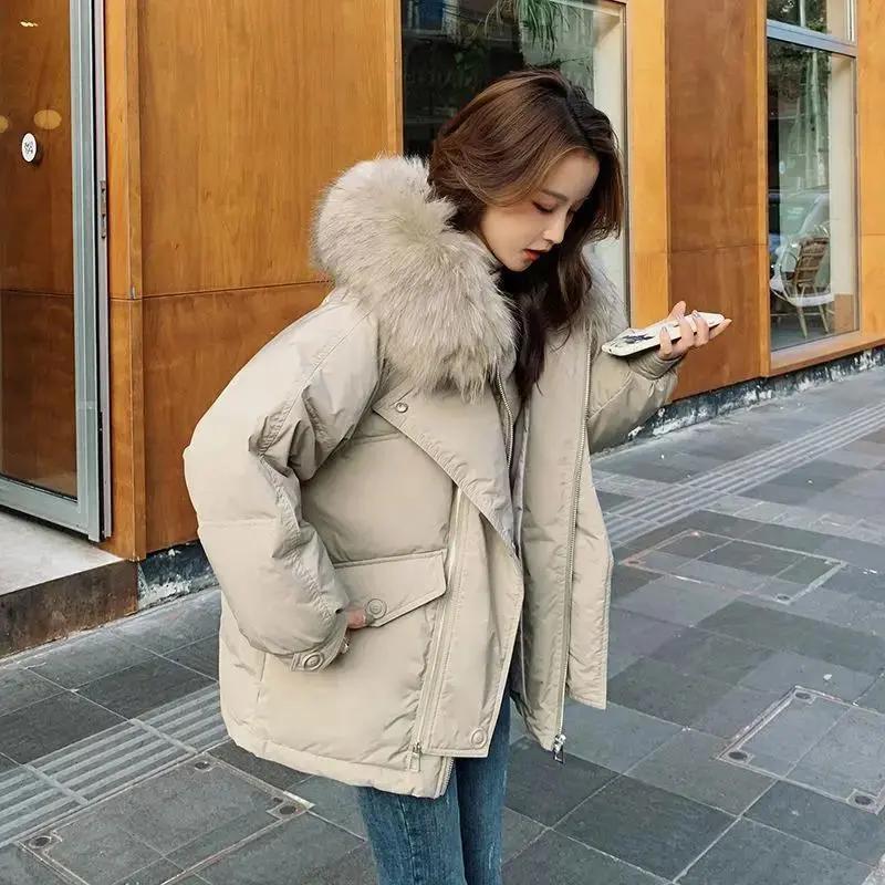 秋冬90羽绒棉服女装2023年冬季新款假两件超大毛领派克服A