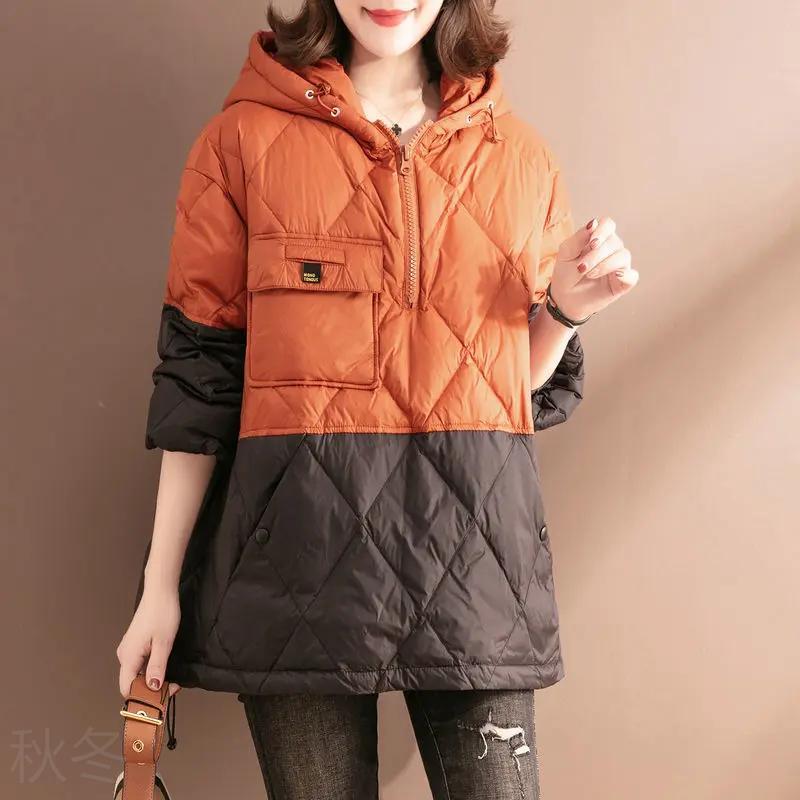 秋冬服外套女拼接连帽套头冬季2023新款洋气时尚轻薄厚羽绒棉服A