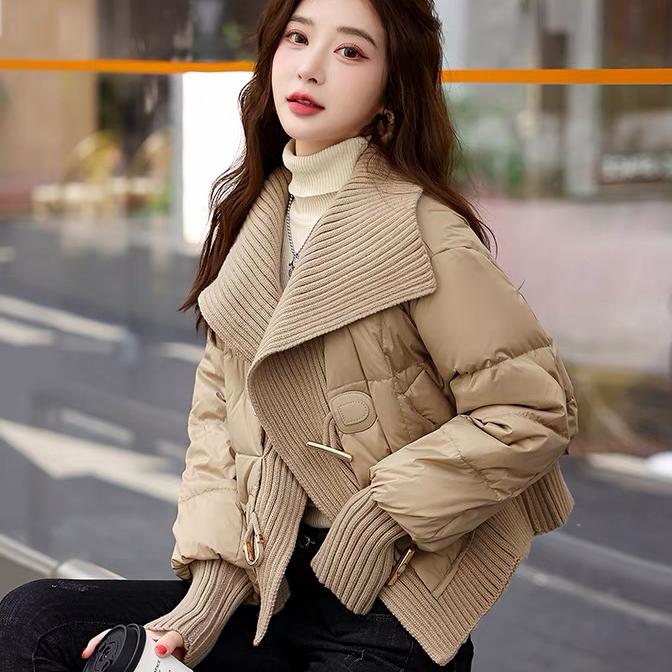 小个子羽绒棉服秋冬新款针织拼接大翻领绒棉服气质款羽绒衣外套A