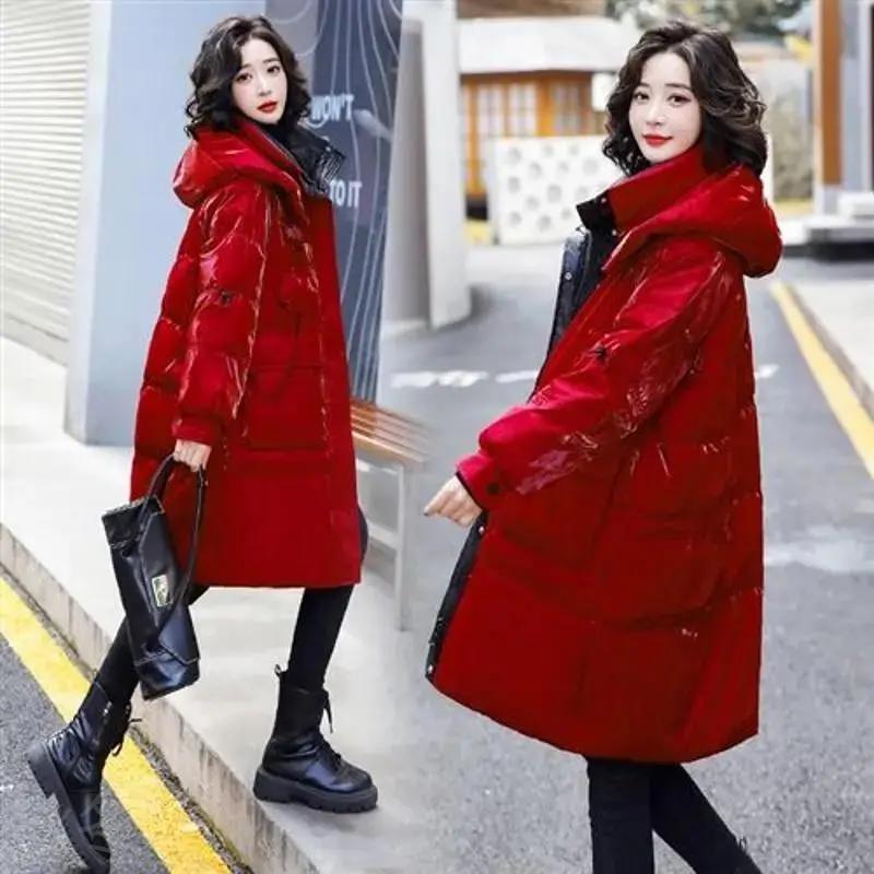 秋冬免洗羽绒棉服女冬亮面2023新款加厚时尚中长款羽绒棉服外套A