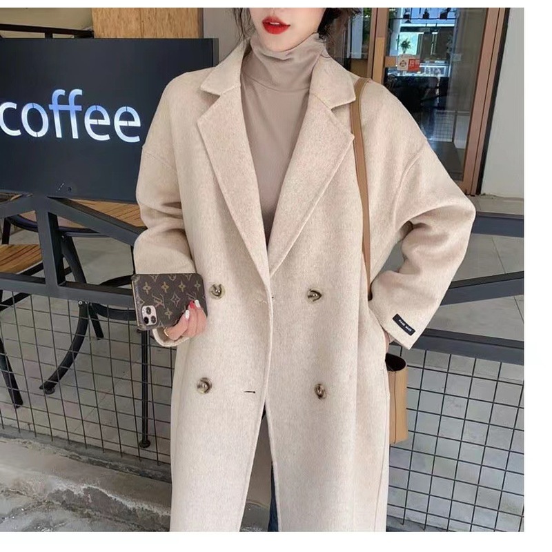 双面羊绒大衣女长款毛呢秋冬新款韩版赫本风茧型落肩毛呢外套女