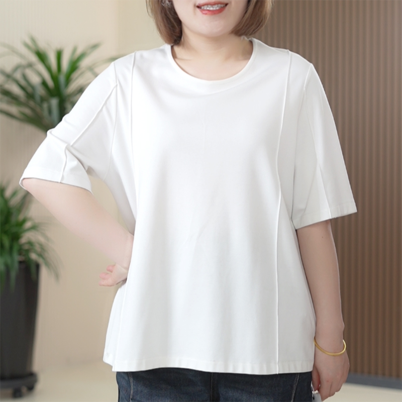 极简风打底T恤圆领纯色拼接时尚百搭宽松大码显瘦休闲新款上衣女