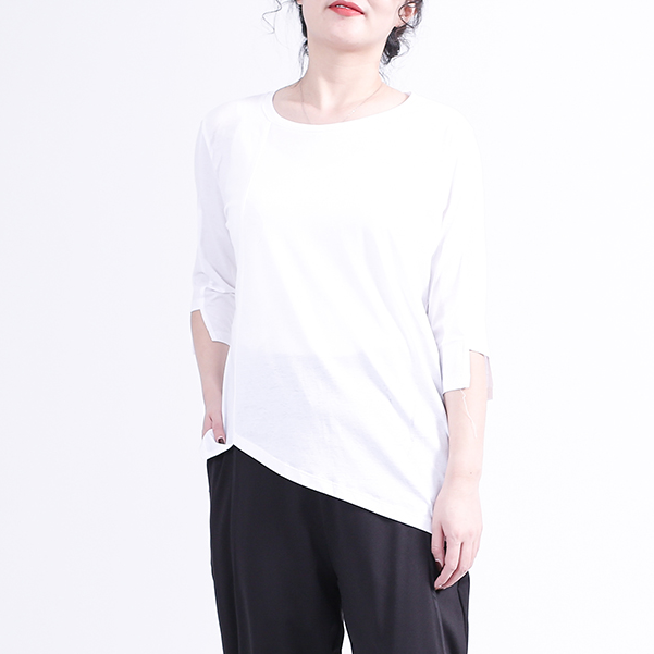 袖口缺口不规则设计T恤女宽松大码显瘦竹节棉简约时尚个性卫衣潮