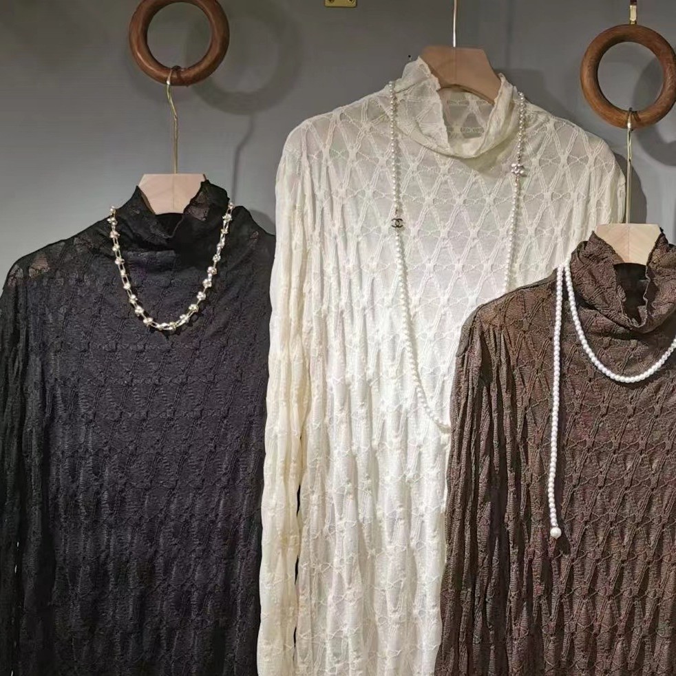 100-230斤可穿柔纱泡泡条纹蕾丝高弹力打底衫百搭显瘦褶皱内搭潮