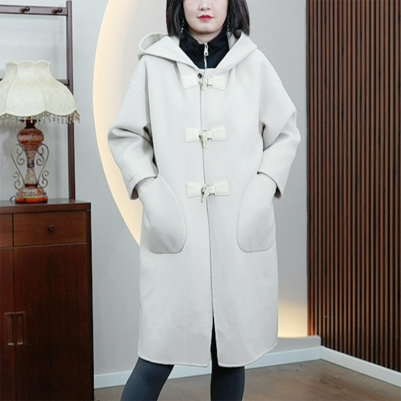 澳洲羊毛双面呢大衣牛角扣防风螺纹袖口大码韩版连帽毛呢外套女